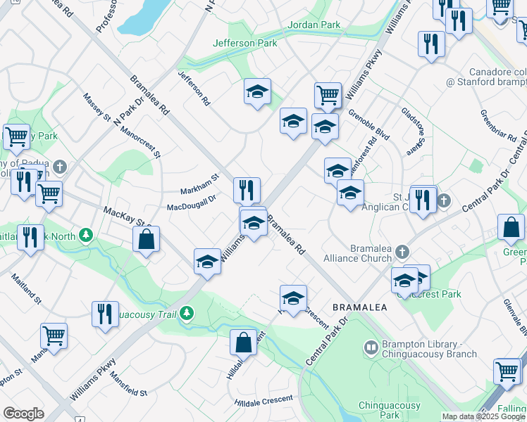 map of restaurants, bars, coffee shops, grocery stores, and more near Williams Pkwy & Bramalea Rd in Brampton
