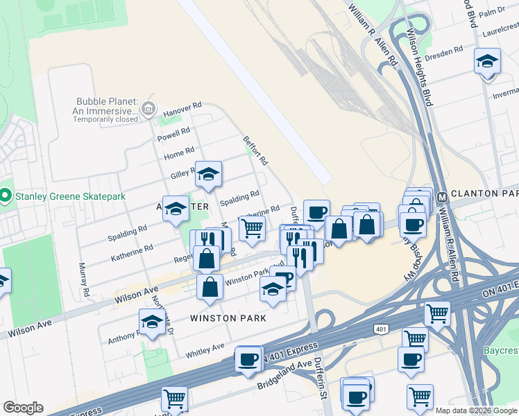 map of restaurants, bars, coffee shops, grocery stores, and more near in Toronto