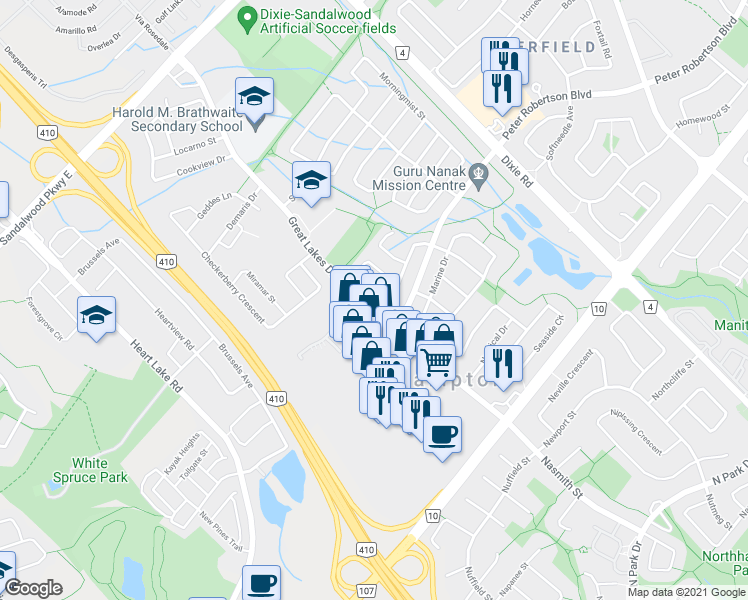 map of restaurants, bars, coffee shops, grocery stores, and more near 67 Blue Whale Boulevard in Brampton