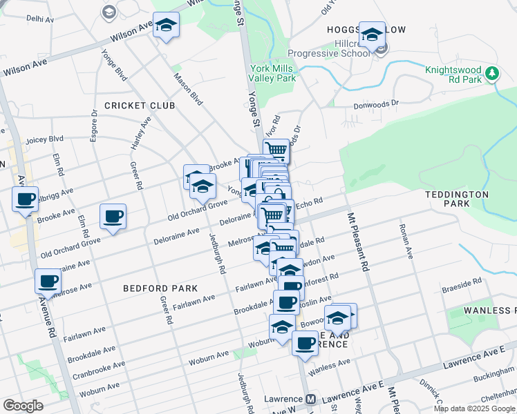 map of restaurants, bars, coffee shops, grocery stores, and more near 8 Deloraine Avenue in Toronto
