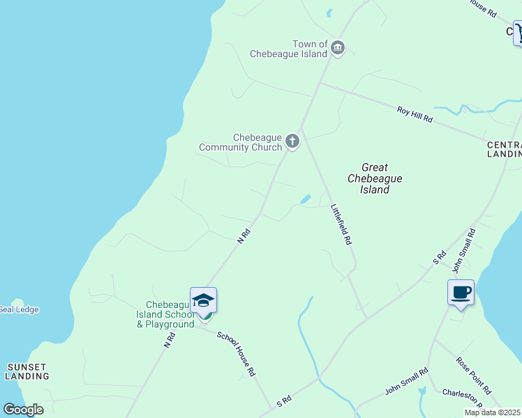 map of restaurants, bars, coffee shops, grocery stores, and more near 327 North Road in Chebeague Island