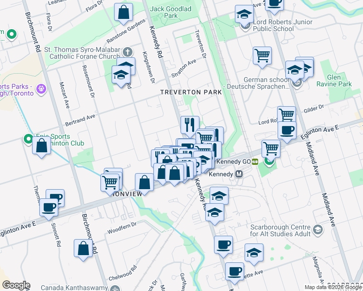 map of restaurants, bars, coffee shops, grocery stores, and more near 815 Kennedy Road in Toronto