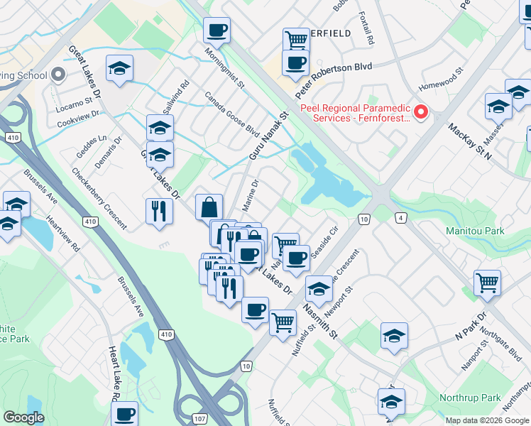 map of restaurants, bars, coffee shops, grocery stores, and more near 42 Riverbank Road in Brampton