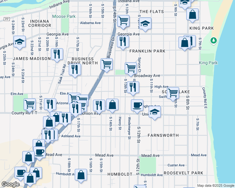 map of restaurants, bars, coffee shops, grocery stores, and more near 1813 South 14th Street in Sheboygan