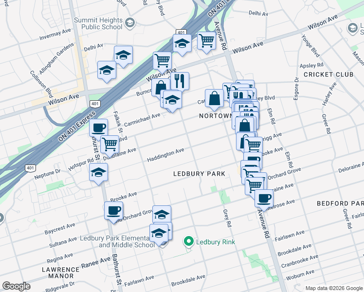 map of restaurants, bars, coffee shops, grocery stores, and more near 182 Haddington Avenue in Toronto