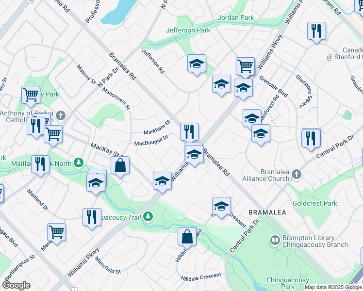 map of restaurants, bars, coffee shops, grocery stores, and more near 17 Mikado Crescent in Brampton