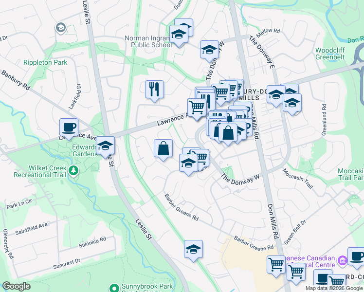 map of restaurants, bars, coffee shops, grocery stores, and more near 63 Paperbirch Drive in Toronto