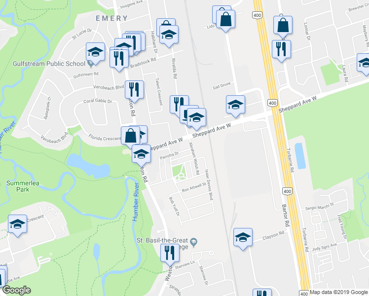 map of restaurants, bars, coffee shops, grocery stores, and more near 100 Parrotta Drive in Toronto