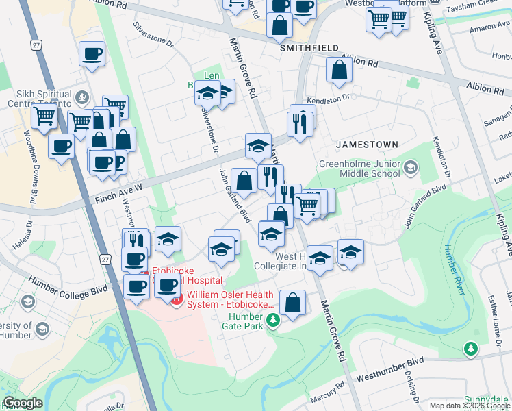 map of restaurants, bars, coffee shops, grocery stores, and more near 252 John Garland Boulevard in Toronto