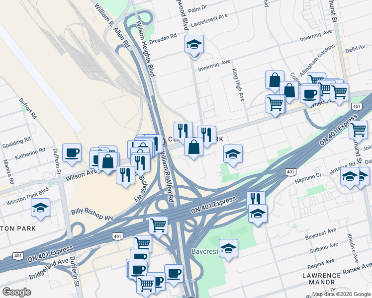 map of restaurants, bars, coffee shops, grocery stores, and more near 555 Wilson Avenue in Toronto
