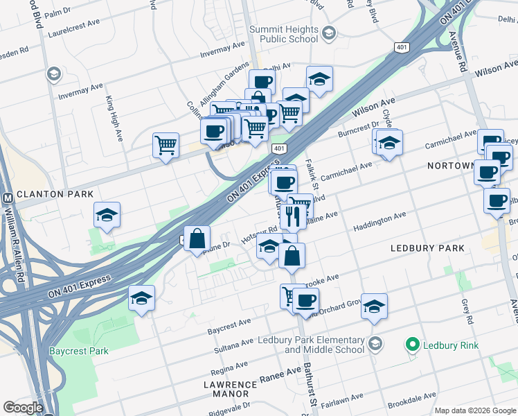 map of restaurants, bars, coffee shops, grocery stores, and more near 16 Marquette Avenue in Toronto