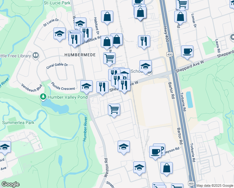 map of restaurants, bars, coffee shops, grocery stores, and more near 100 Parrotta Drive in Toronto