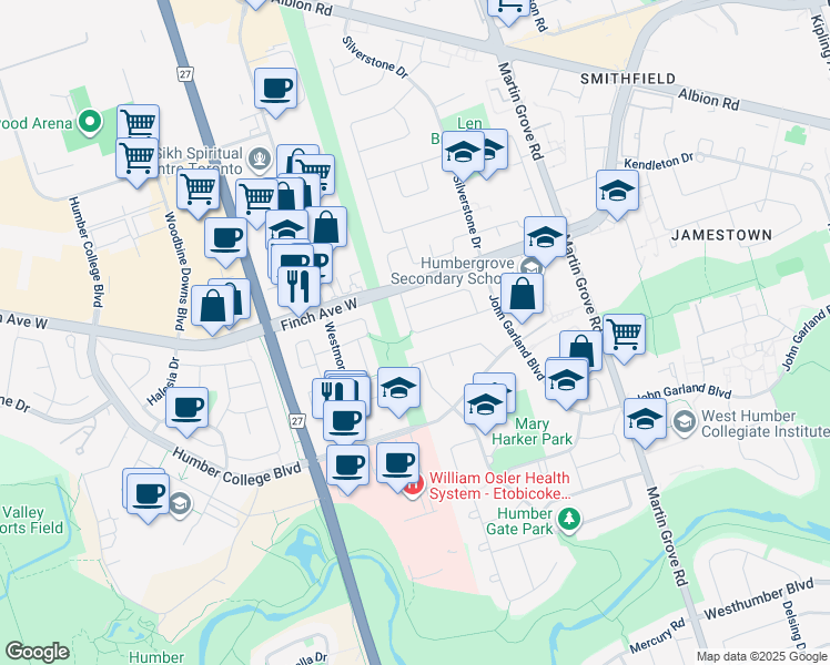 map of restaurants, bars, coffee shops, grocery stores, and more near 49 Kiskadee Drive in Toronto