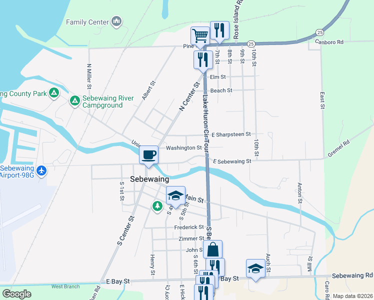 map of restaurants, bars, coffee shops, grocery stores, and more near 202 Washington Street in Sebewaing