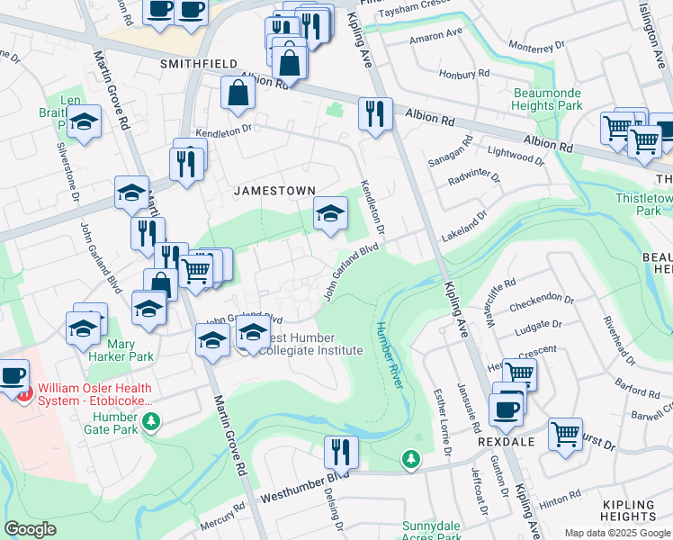 map of restaurants, bars, coffee shops, grocery stores, and more near 20 Jamestown Crescent in Toronto