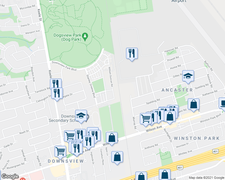 map of restaurants, bars, coffee shops, grocery stores, and more near 60 William Duncan Road in Toronto