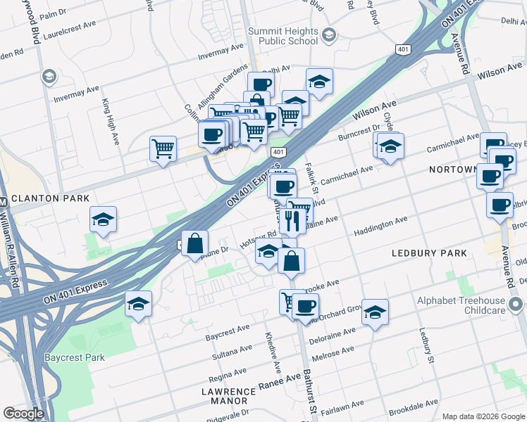map of restaurants, bars, coffee shops, grocery stores, and more near in Toronto