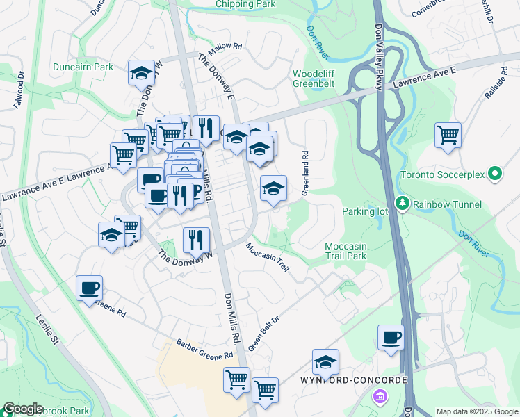 map of restaurants, bars, coffee shops, grocery stores, and more near 2 Greenland Road in Toronto