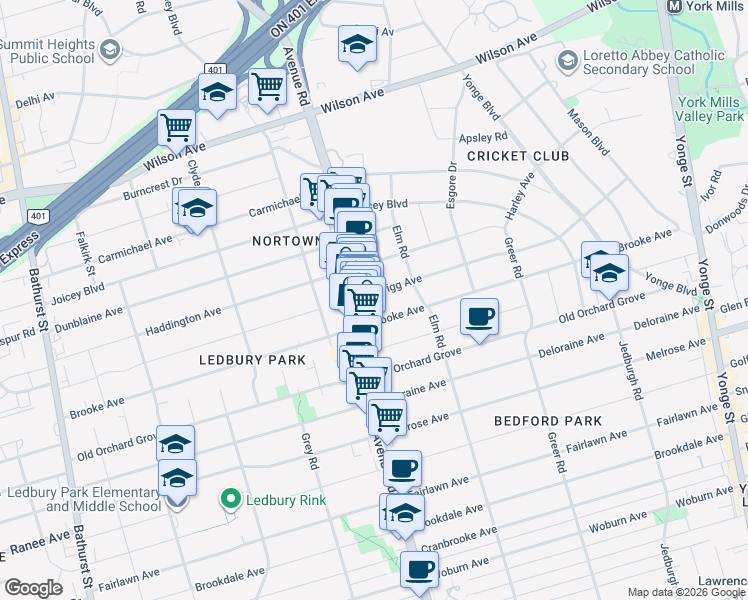 map of restaurants, bars, coffee shops, grocery stores, and more near 129 Felbrigg Avenue in Toronto