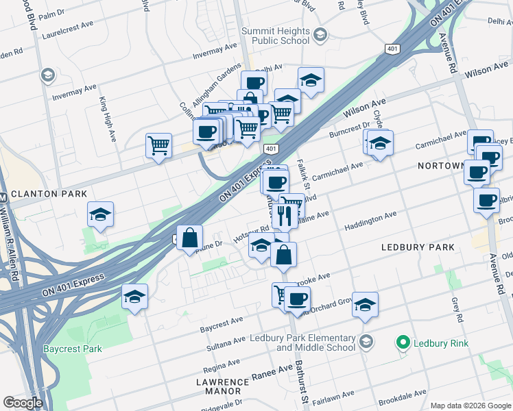 map of restaurants, bars, coffee shops, grocery stores, and more near 10 Marquette Avenue in Toronto