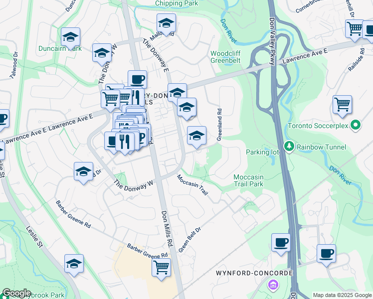 map of restaurants, bars, coffee shops, grocery stores, and more near 2 Greenland Road in Toronto