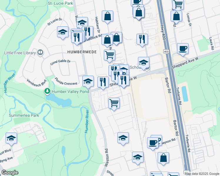 map of restaurants, bars, coffee shops, grocery stores, and more near in Toronto