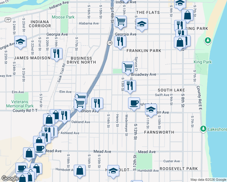 map of restaurants, bars, coffee shops, grocery stores, and more near 1813 South 14th Street in Sheboygan