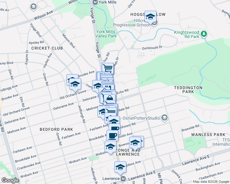 map of restaurants, bars, coffee shops, grocery stores, and more near 30 Glen Echo Road in Toronto