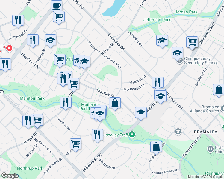 map of restaurants, bars, coffee shops, grocery stores, and more near 28 Borden Hill Court in Brampton
