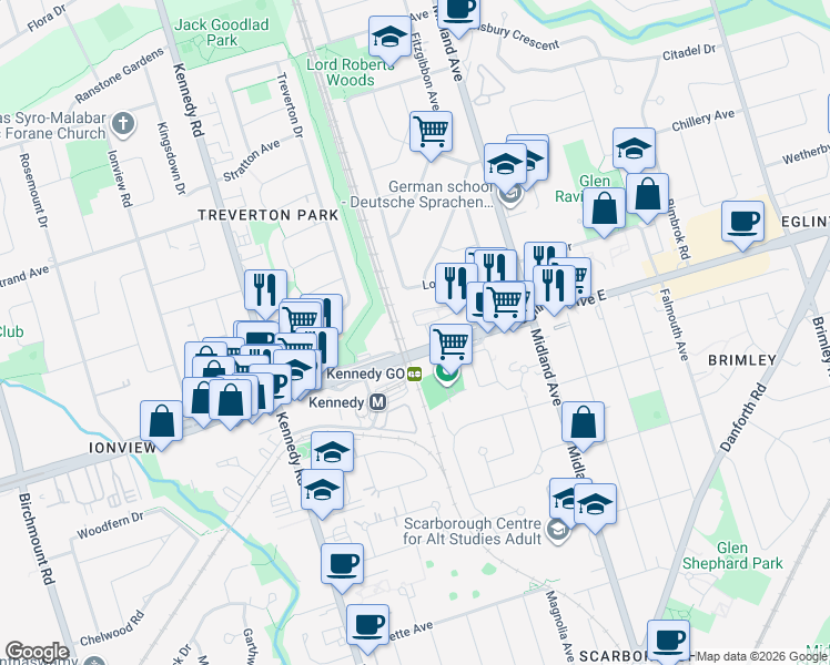 map of restaurants, bars, coffee shops, grocery stores, and more near 2460 Eglinton Avenue East in Toronto