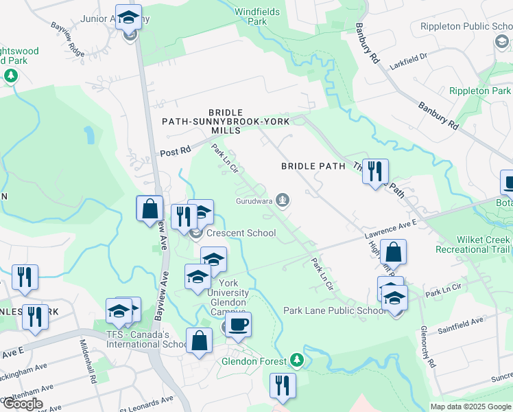 map of restaurants, bars, coffee shops, grocery stores, and more near 20 Park Lane Circle in Toronto