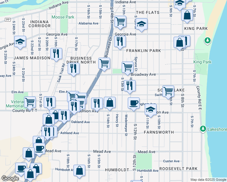 map of restaurants, bars, coffee shops, grocery stores, and more near 1813 South 14th Street in Sheboygan