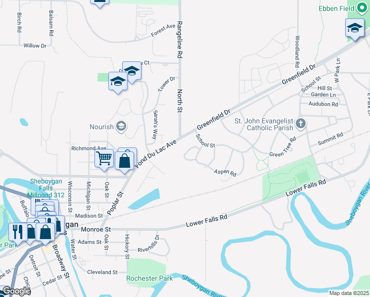 map of restaurants, bars, coffee shops, grocery stores, and more near 1114 Aspen Court in Kohler
