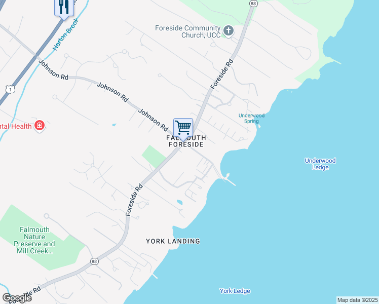 map of restaurants, bars, coffee shops, grocery stores, and more near 3 Town Landing Road in Falmouth
