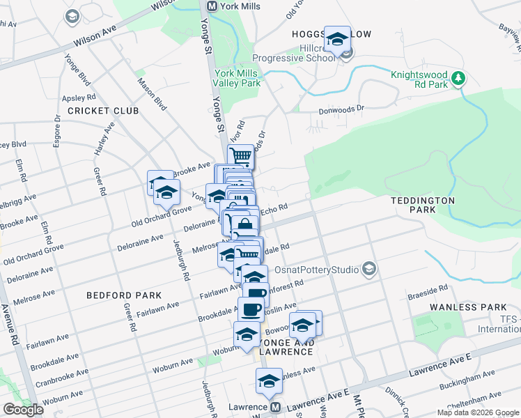 map of restaurants, bars, coffee shops, grocery stores, and more near in Toronto