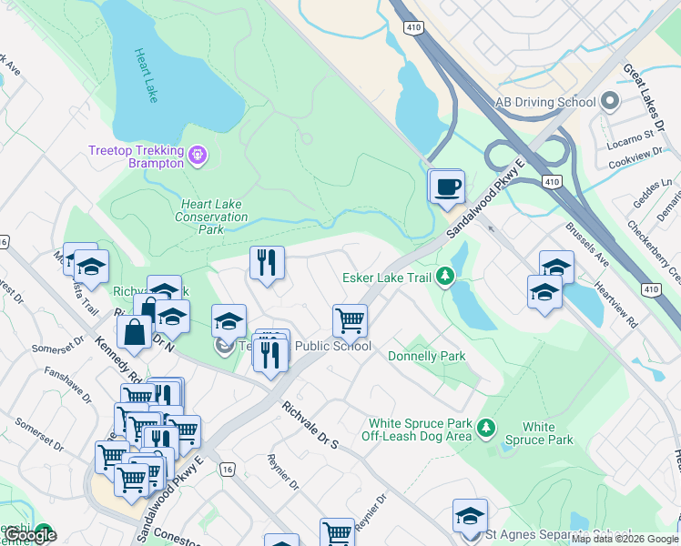 map of restaurants, bars, coffee shops, grocery stores, and more near 20 Rushmore Crescent in Brampton