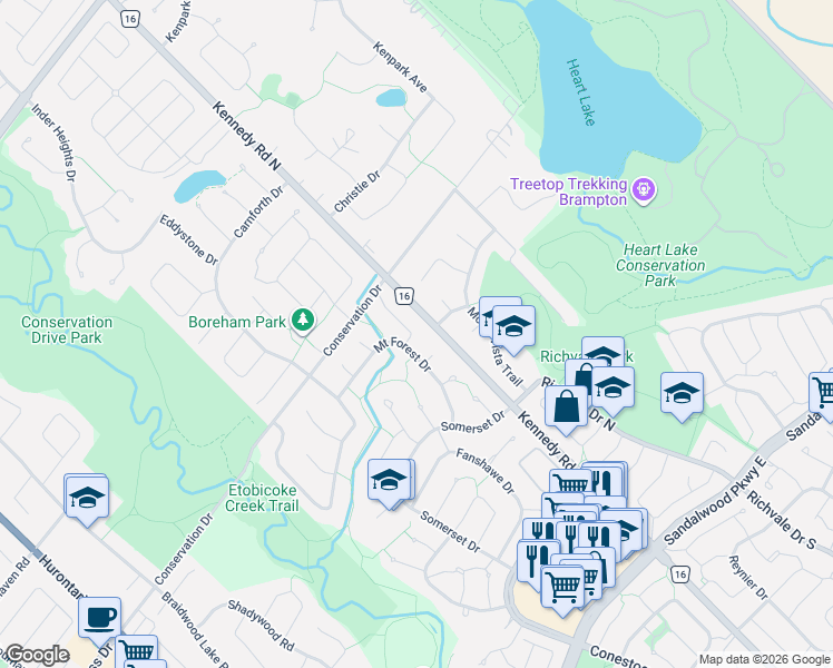 map of restaurants, bars, coffee shops, grocery stores, and more near 26 Oakridge Court in Brampton