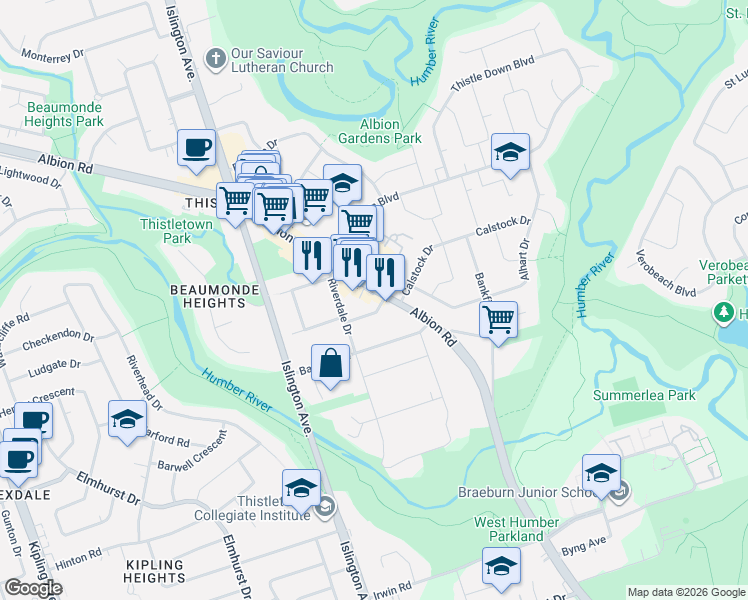 map of restaurants, bars, coffee shops, grocery stores, and more near 821 Albion Road in Toronto