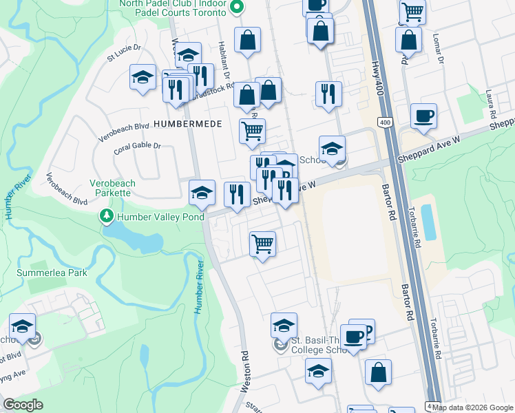 map of restaurants, bars, coffee shops, grocery stores, and more near 2335 Sheppard Avenue West in Toronto