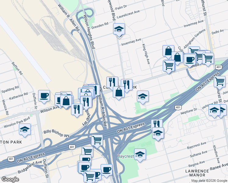 map of restaurants, bars, coffee shops, grocery stores, and more near 565 Wilson Avenue in Toronto