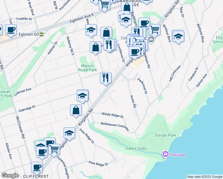 map of restaurants, bars, coffee shops, grocery stores, and more near in Toronto