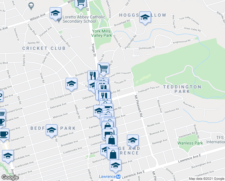 map of restaurants, bars, coffee shops, grocery stores, and more near in Toronto