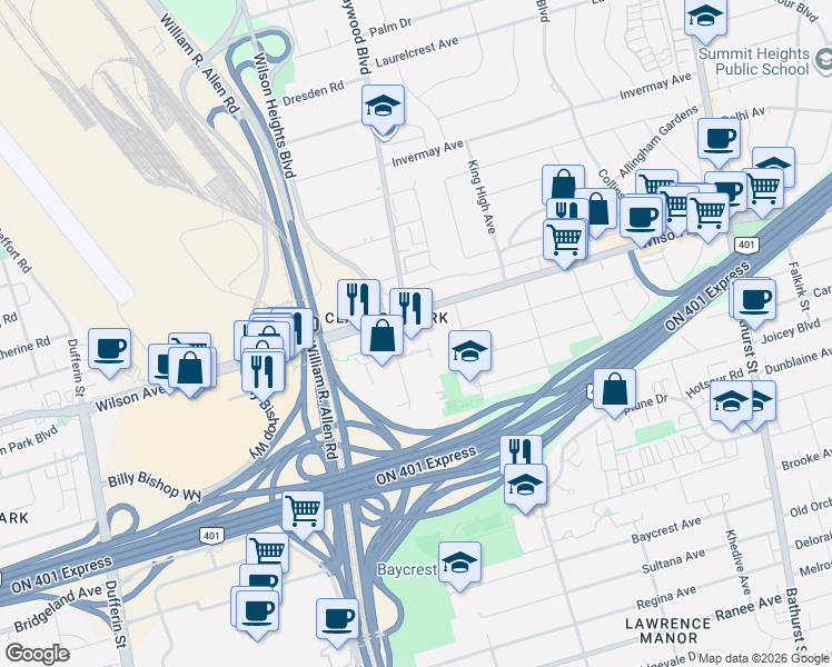 map of restaurants, bars, coffee shops, grocery stores, and more near 525 Wilson Avenue in Toronto