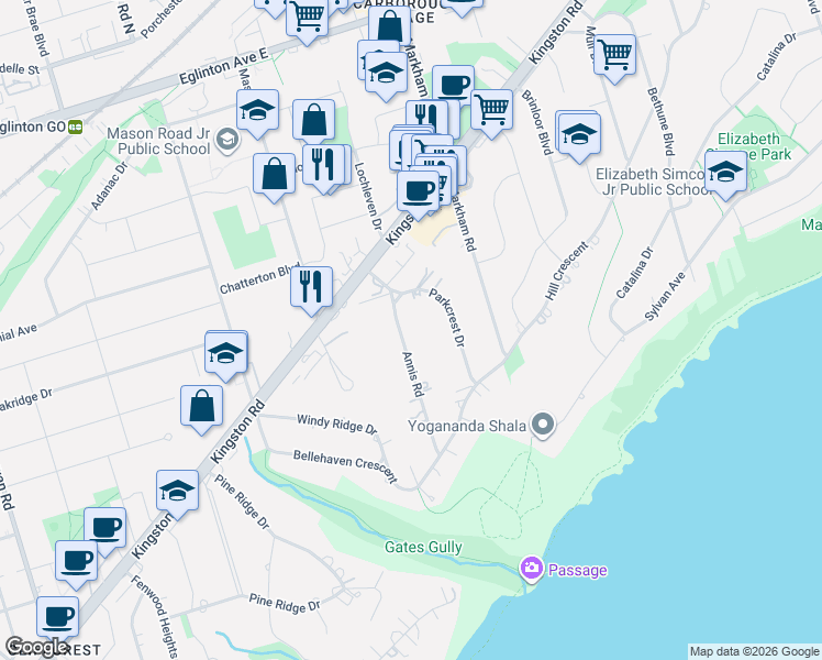 map of restaurants, bars, coffee shops, grocery stores, and more near 27 Annis Road in Toronto