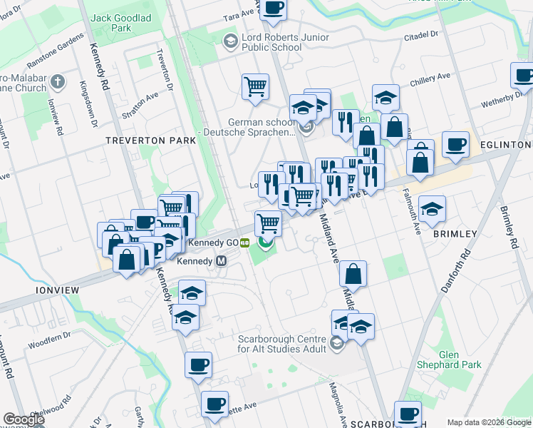 map of restaurants, bars, coffee shops, grocery stores, and more near 2466 Eglinton Avenue East in Toronto