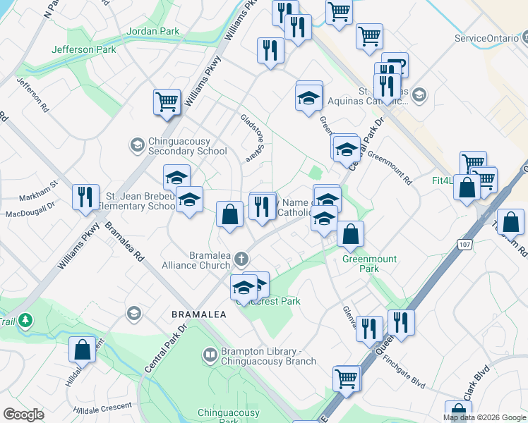 map of restaurants, bars, coffee shops, grocery stores, and more near 44 Graham Crescent in Brampton