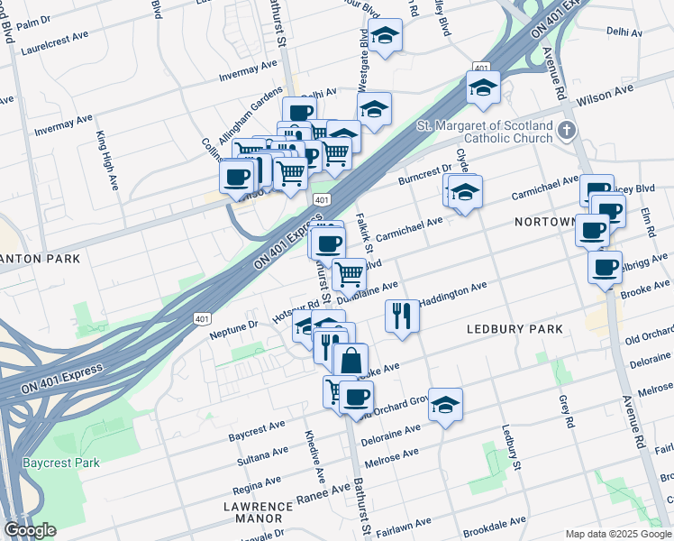 map of restaurants, bars, coffee shops, grocery stores, and more near 374 Joicey Boulevard in Toronto