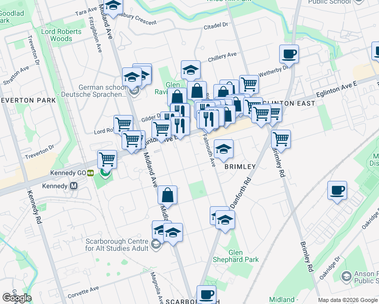 map of restaurants, bars, coffee shops, grocery stores, and more near 80 Winter Avenue in Toronto