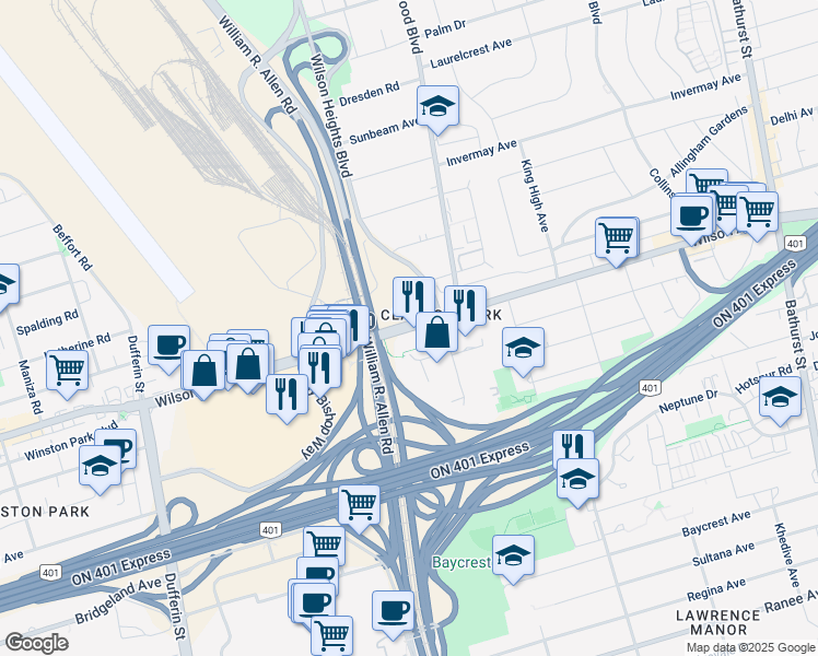 map of restaurants, bars, coffee shops, grocery stores, and more near 565 Wilson Avenue in Toronto