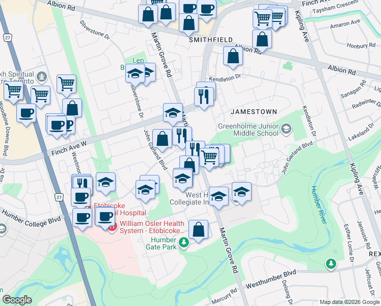 map of restaurants, bars, coffee shops, grocery stores, and more near 256 John Garland Boulevard in Toronto